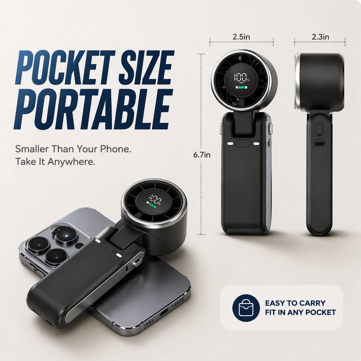 Portable Turbo Handheld Fan – 100 Speeds, 5500mAh, Up to 10H Cooling, 20°F Drop, 170° Foldable